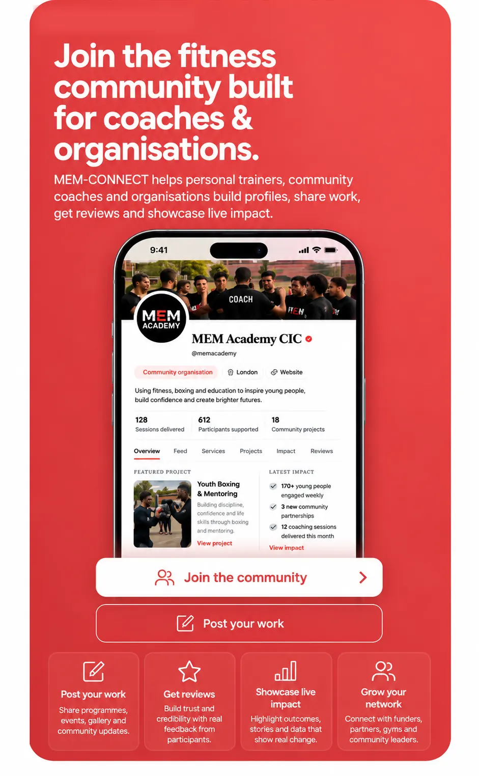 MEM-Connect — Join the fitness community built for coaches & organisations. Grow your network, post your work, get reviews, showcase live impact.