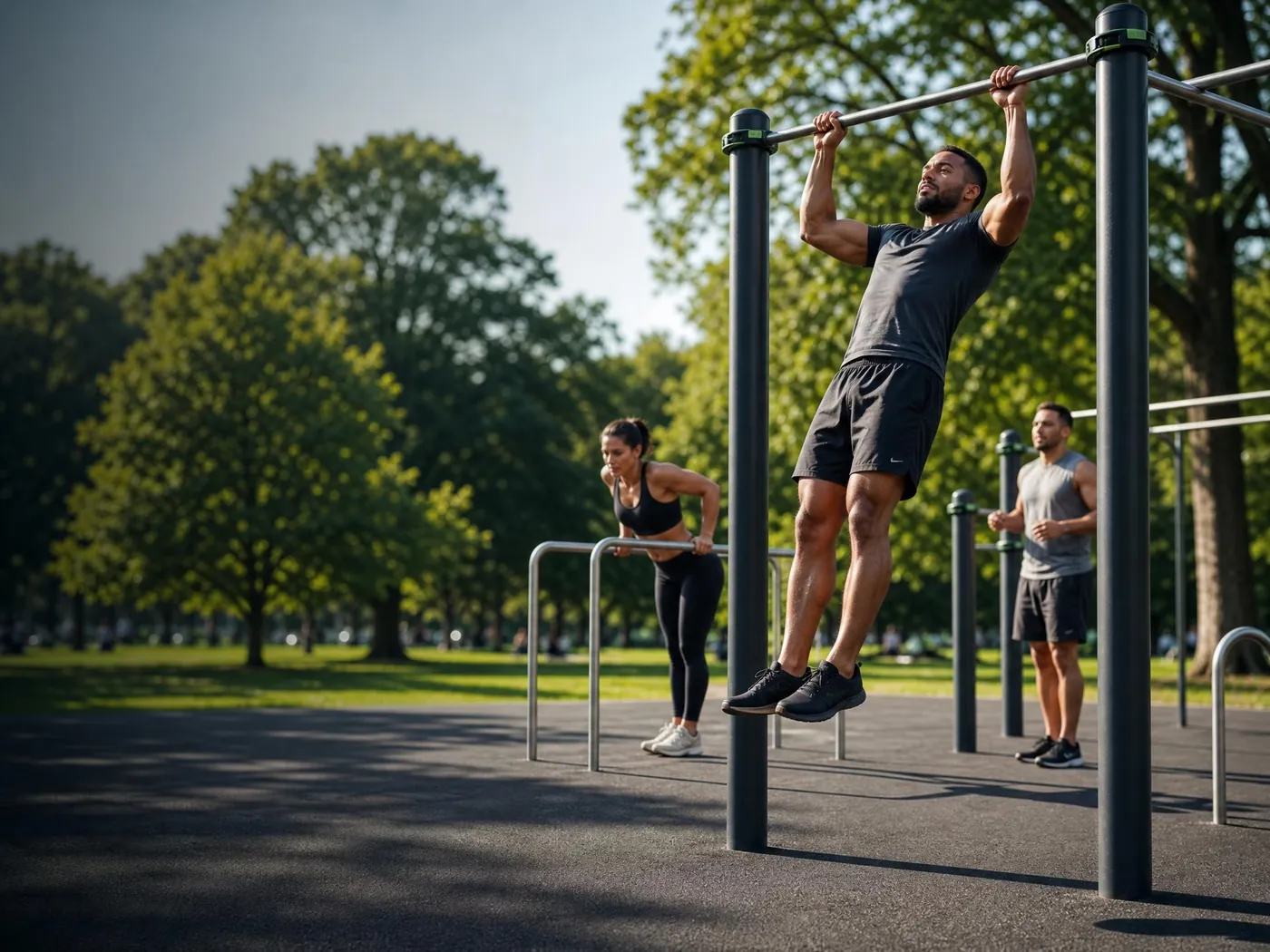 People training on pull-up and dip bars at an outdoor gym.