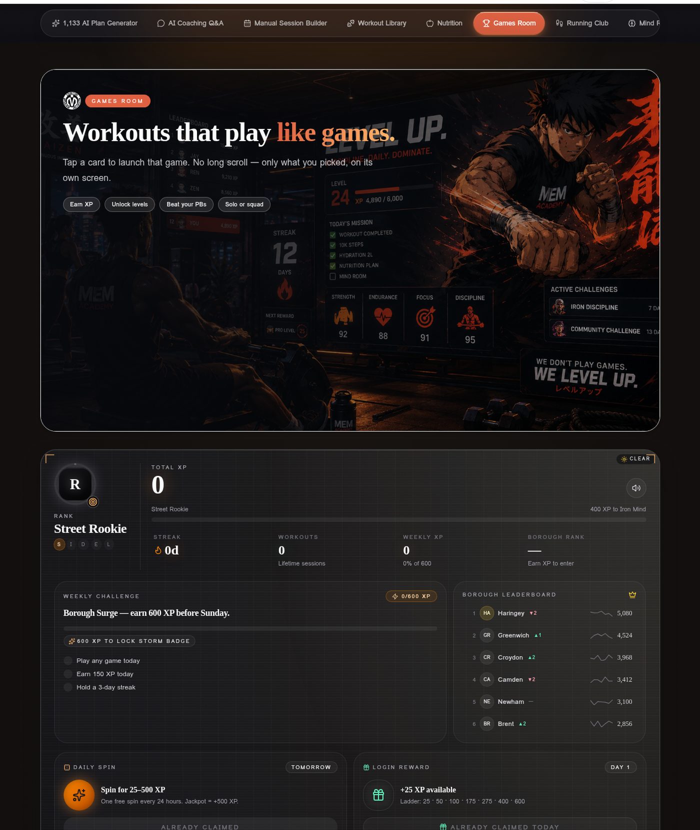 A live view of the MEM engagement system: rank, XP level, daily streak, weekly borough challenge, leaderboards, battle pass and skill trees.