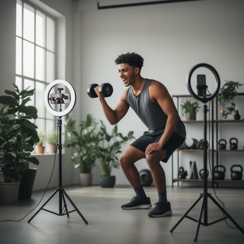 Fitness creator filming workout content with a phone on a tripod