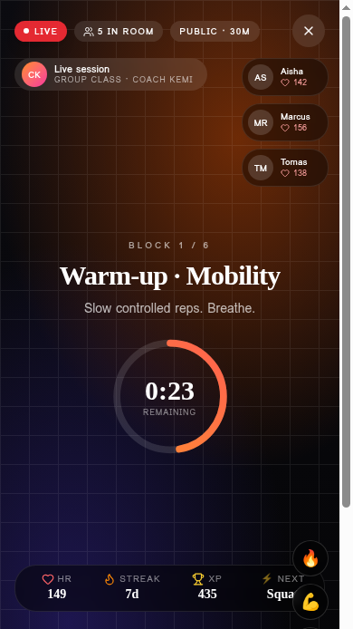 MEM Go Live — live group class with synced timers, heart-rate and claps