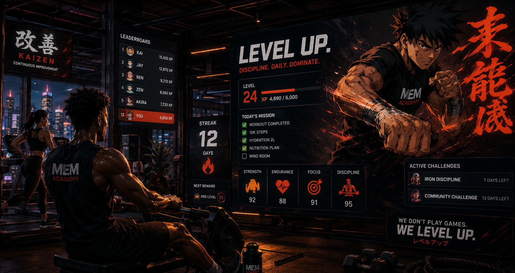 MEM Academy gamified training room — level up, streaks, leaderboard