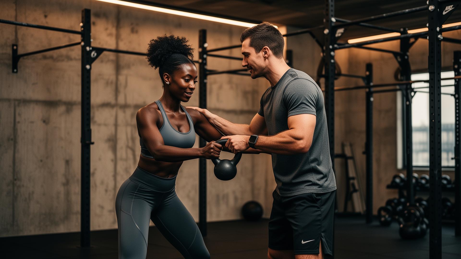 Personal trainer coaching a client in a modern gym
