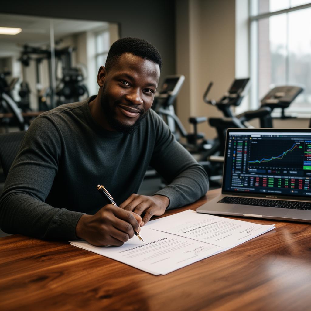 Black founder signing official funding paperwork in a community gym boardroom beside a laptop showing financial figures.