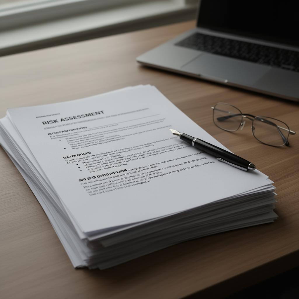 Stack of crisp printed compliance documents — risk assessment and safeguarding policy — with a fountain pen and reading glasses beside a laptop.