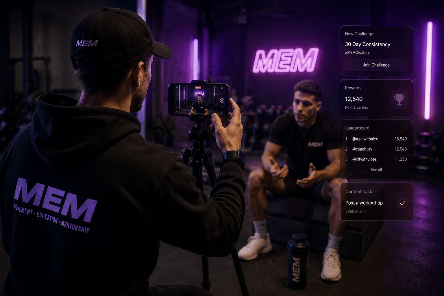 MEM Academy creator filming a coach on a tripod in a neon-lit gym — challenges, rewards and leaderboard panels overlaid.