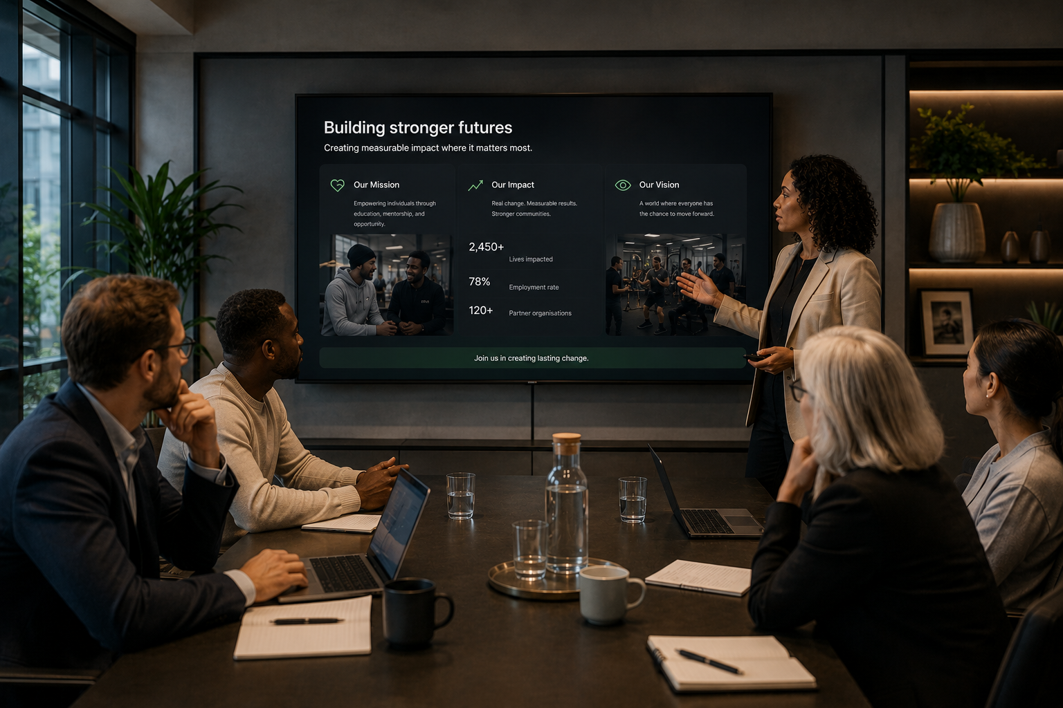 Funder boardroom reviewing a MEM Academy impact dashboard — lives impacted, employment rate and partner organisations across mission, impact and vision panels.