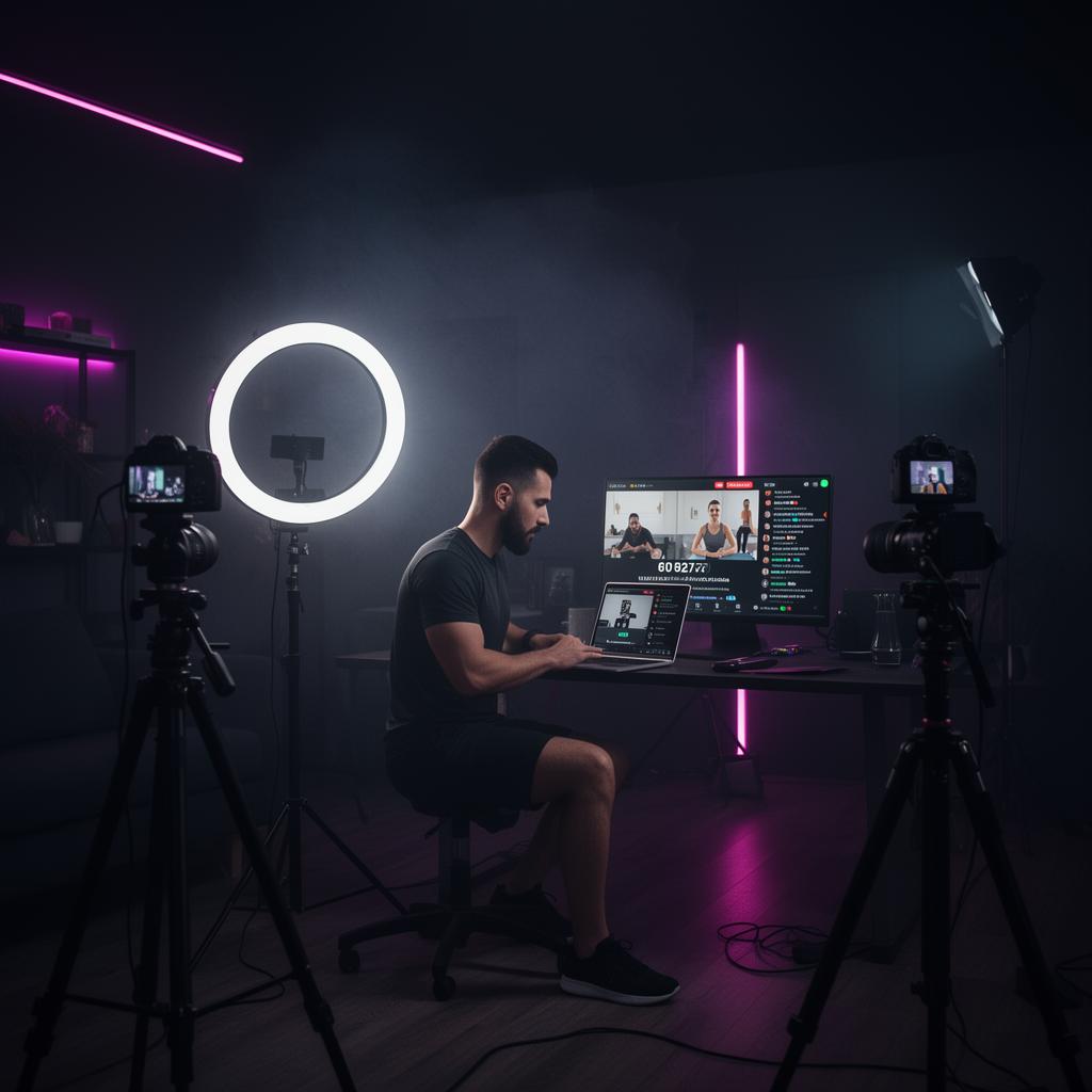 Coach broadcasting a live online fitness class from a dark cinematic home studio with ring light, two cameras and a live chat overlay.