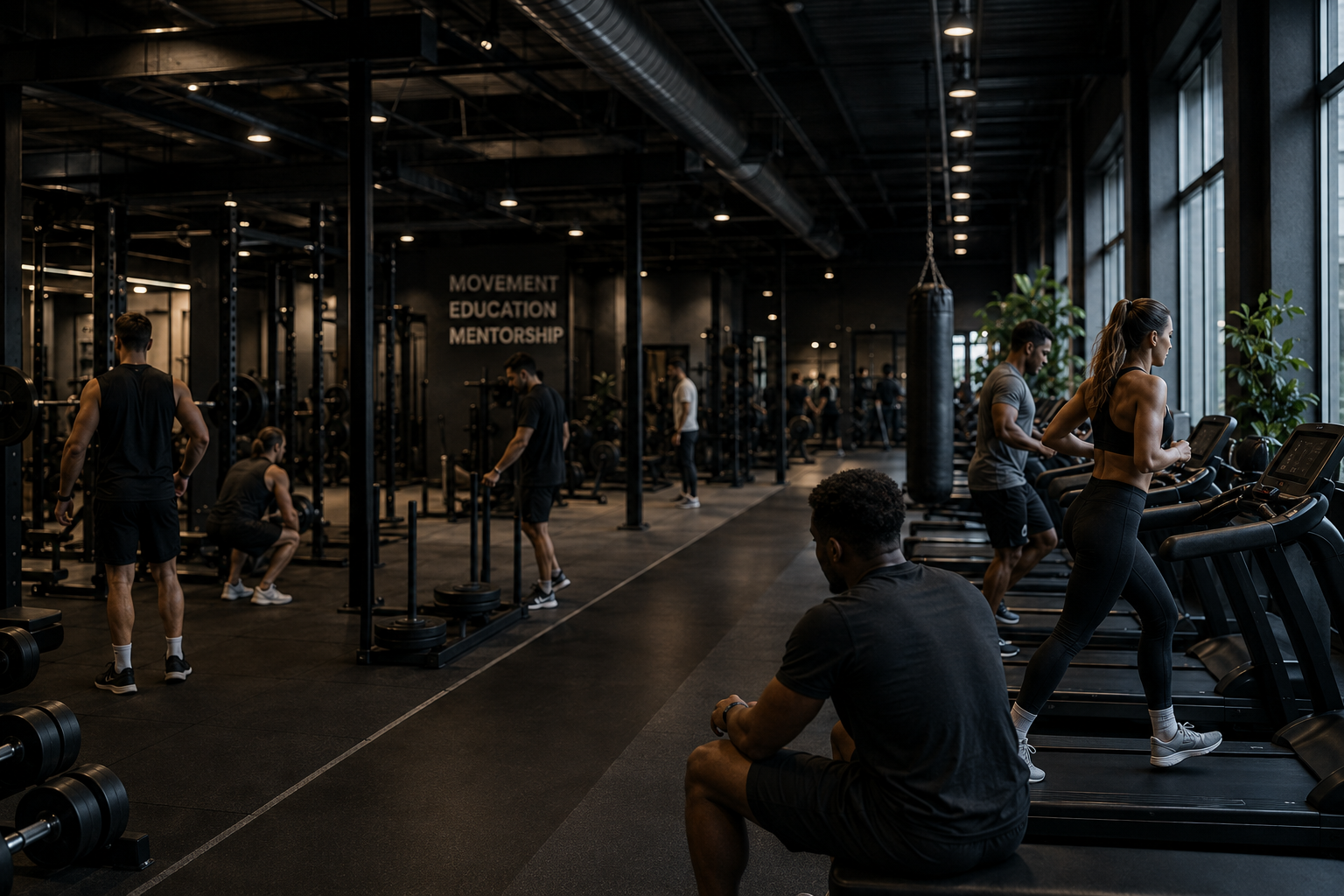 MEM Academy gym partner facility — members training across racks, treadmills and a heavy bag with 'Movement · Education · Mentorship' wall signage in a dark industrial space.
