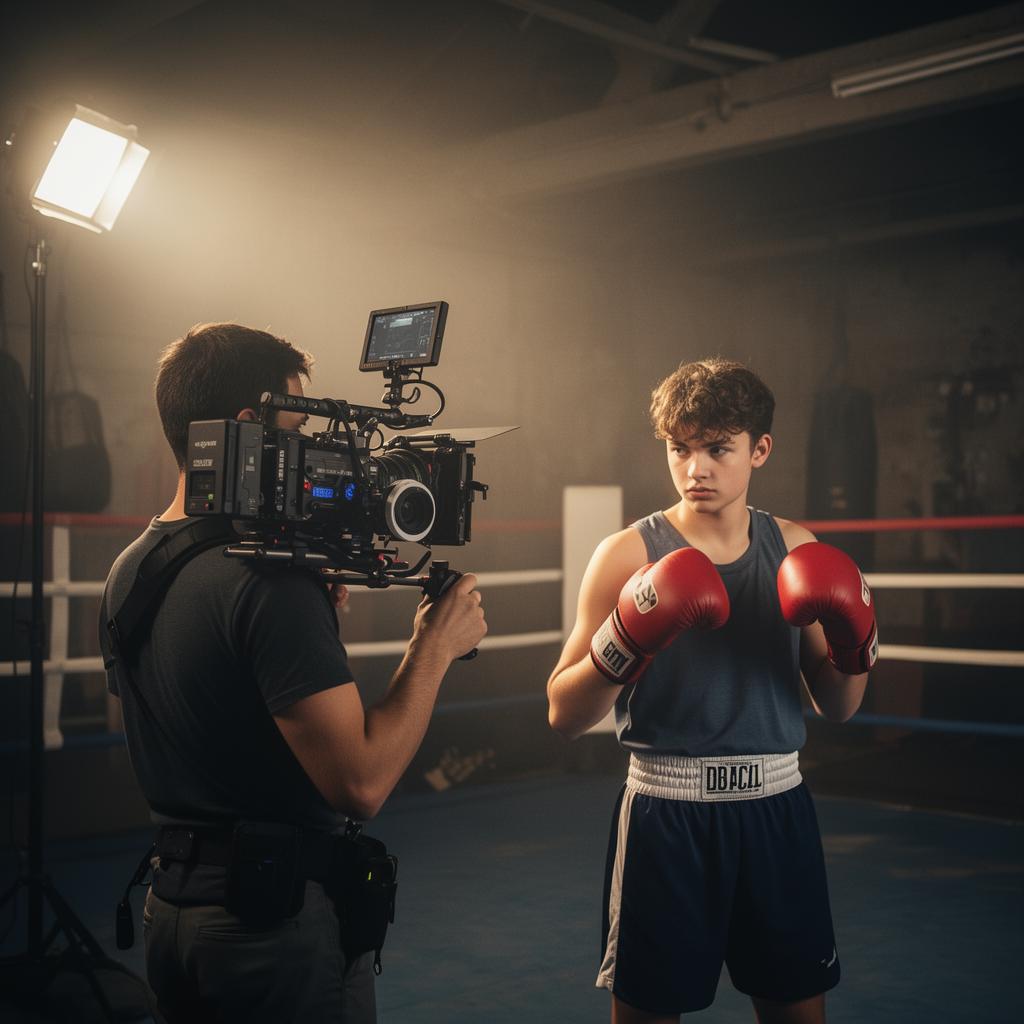 Documentary cinematographer filming a young boxer in a gritty atmospheric boxing gym.