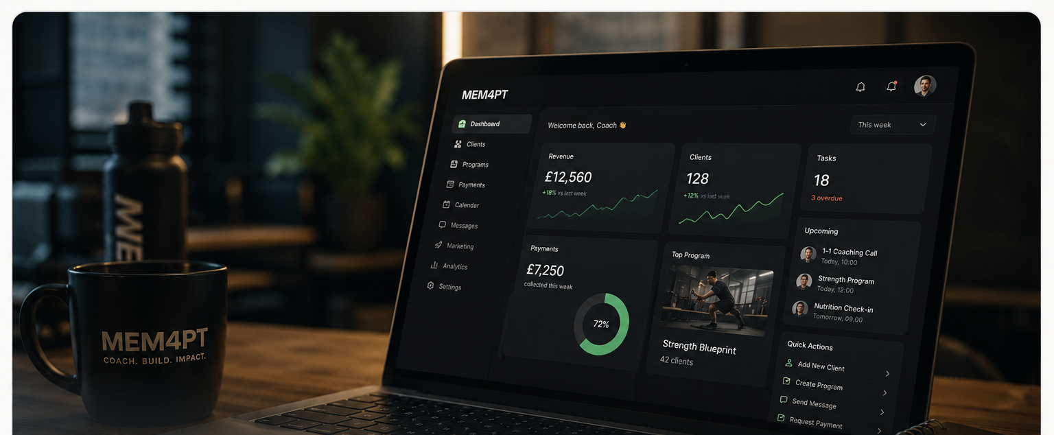 MEM4PT business OS shown on a laptop — coaching dashboard with revenue, clients, programmes and payments — beside a MEM4PT branded mug and notebook.