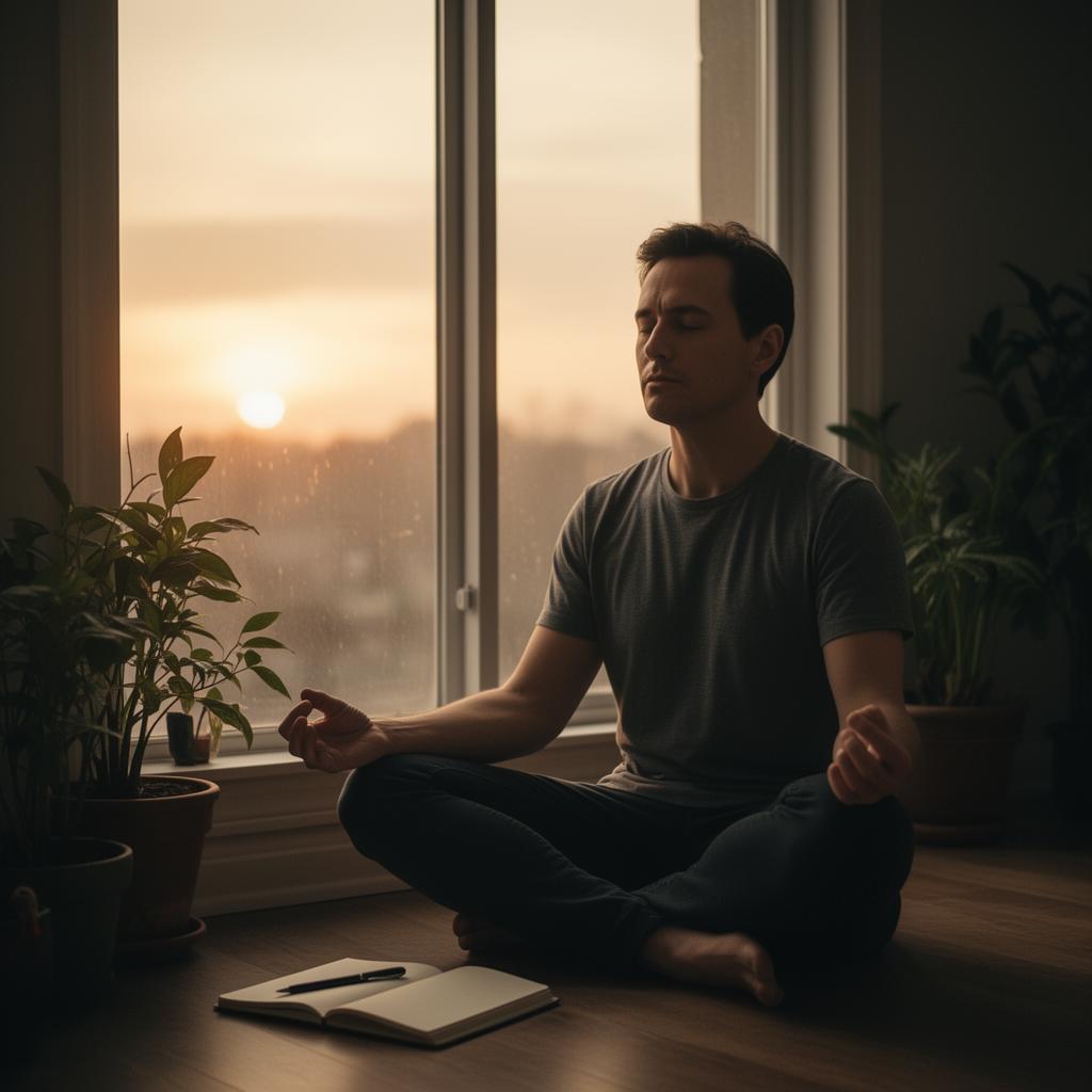 Coach sitting cross-legged by a window at dawn in calm meditation with a journal beside them.