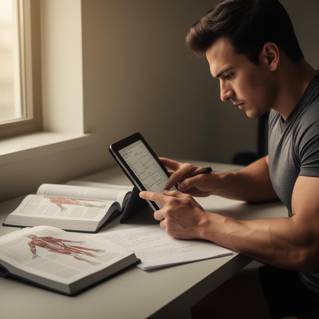 Fitness student studying anatomy on a tablet at a sunlit desk with open textbooks and handwritten notes.