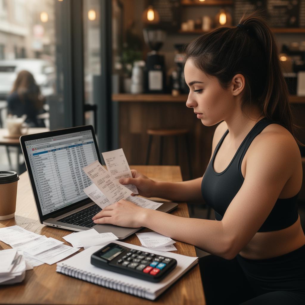 Female personal trainer reviewing receipts and a financial spreadsheet on a laptop at a coffee shop table.
