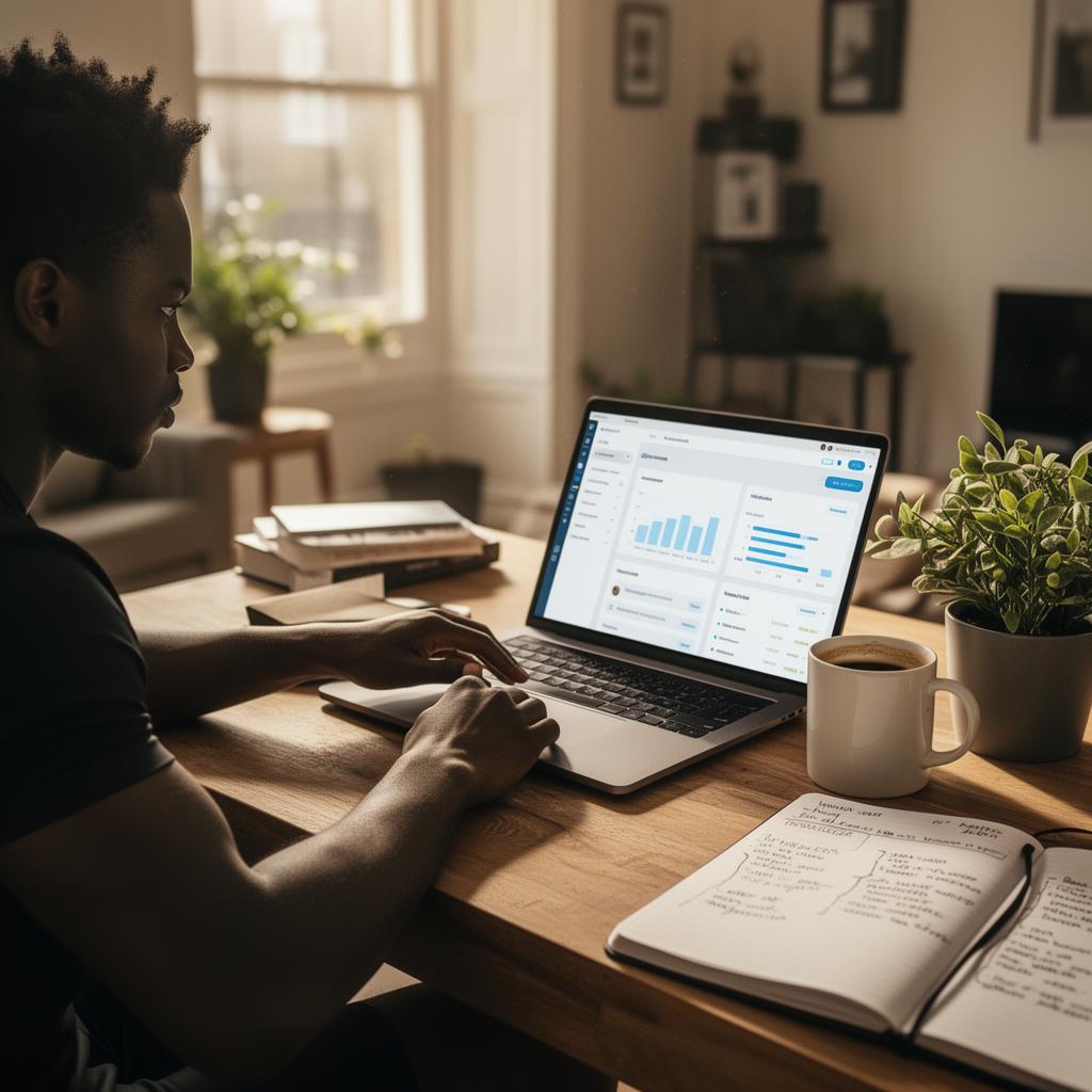 Self-employed personal trainer working at a sunlit home desk on a laptop business dashboard with notebook and coffee.