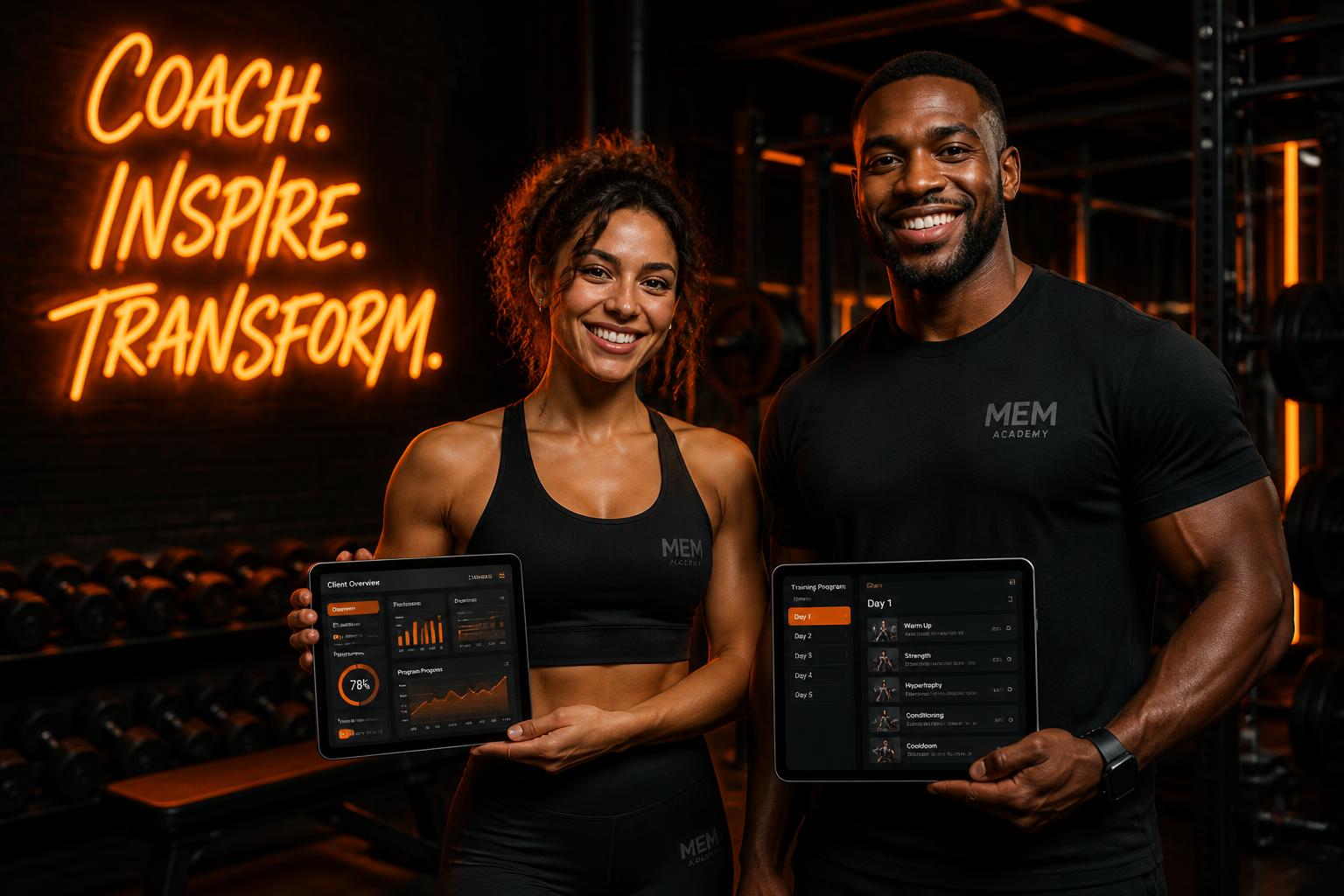 Two MEM Academy coaches holding tablets showing the coaching dashboard