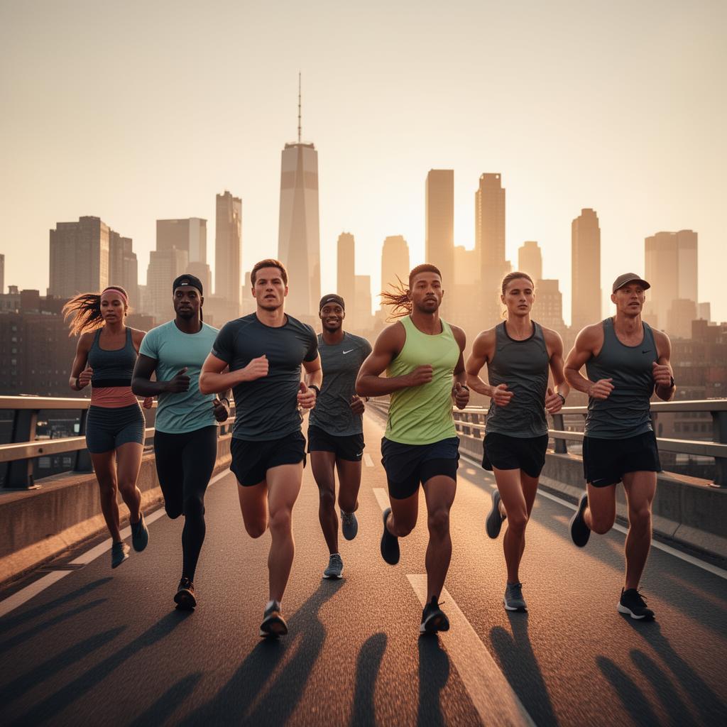 Running club crossing a city bridge at sunrise